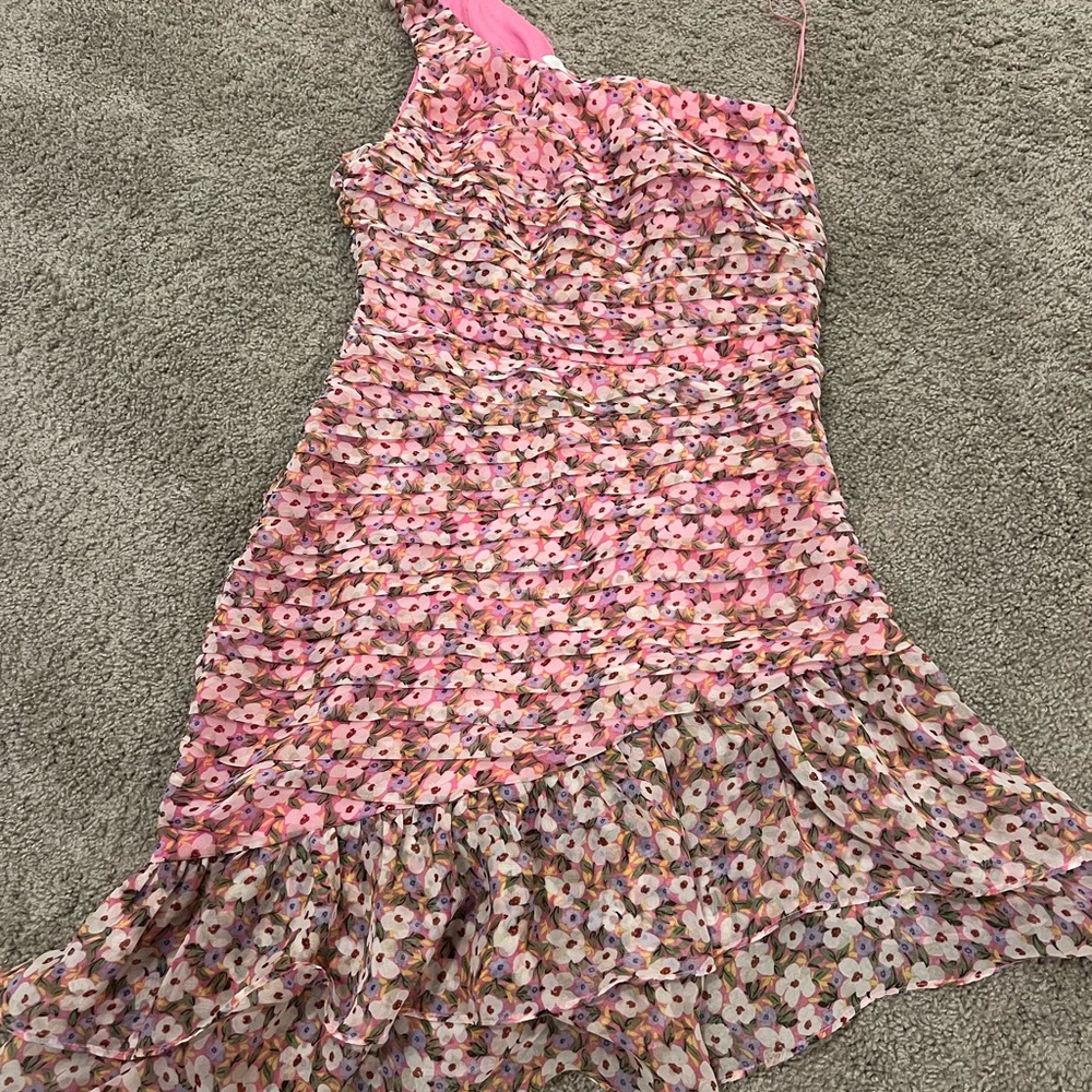 Astr Pink and Brown Asymmetrical Ruffled Sundress Floral Mini Dress One Shoulder